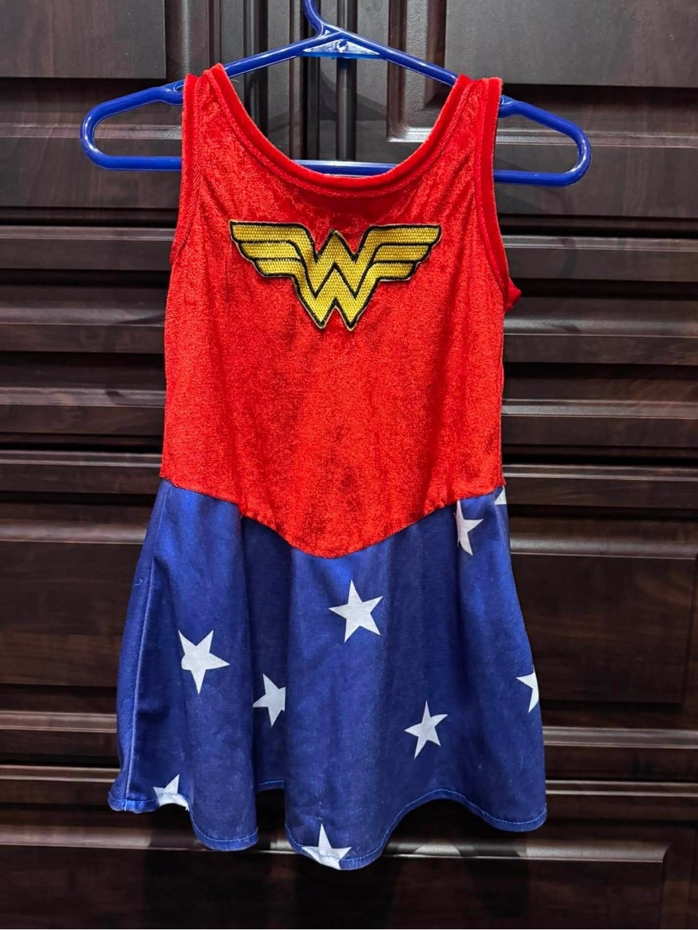 Girls' Red & Blue Superhero Dress with Gold Emblem SMALL